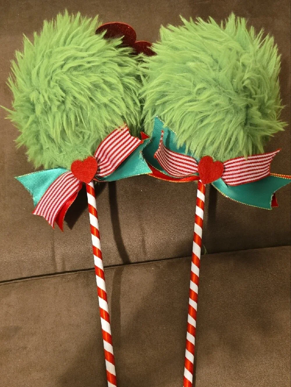 Lime Green Fuzzy Topiary with Red & White Striped Stem. 2 Count. NEW.