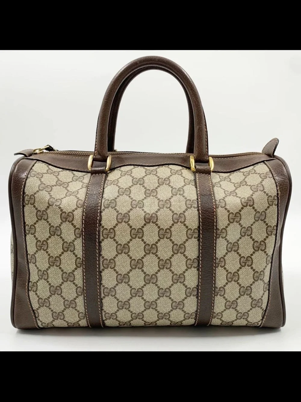 Gucci Brown & Beige GG Supreme Canvas Satchel with Leather Trim