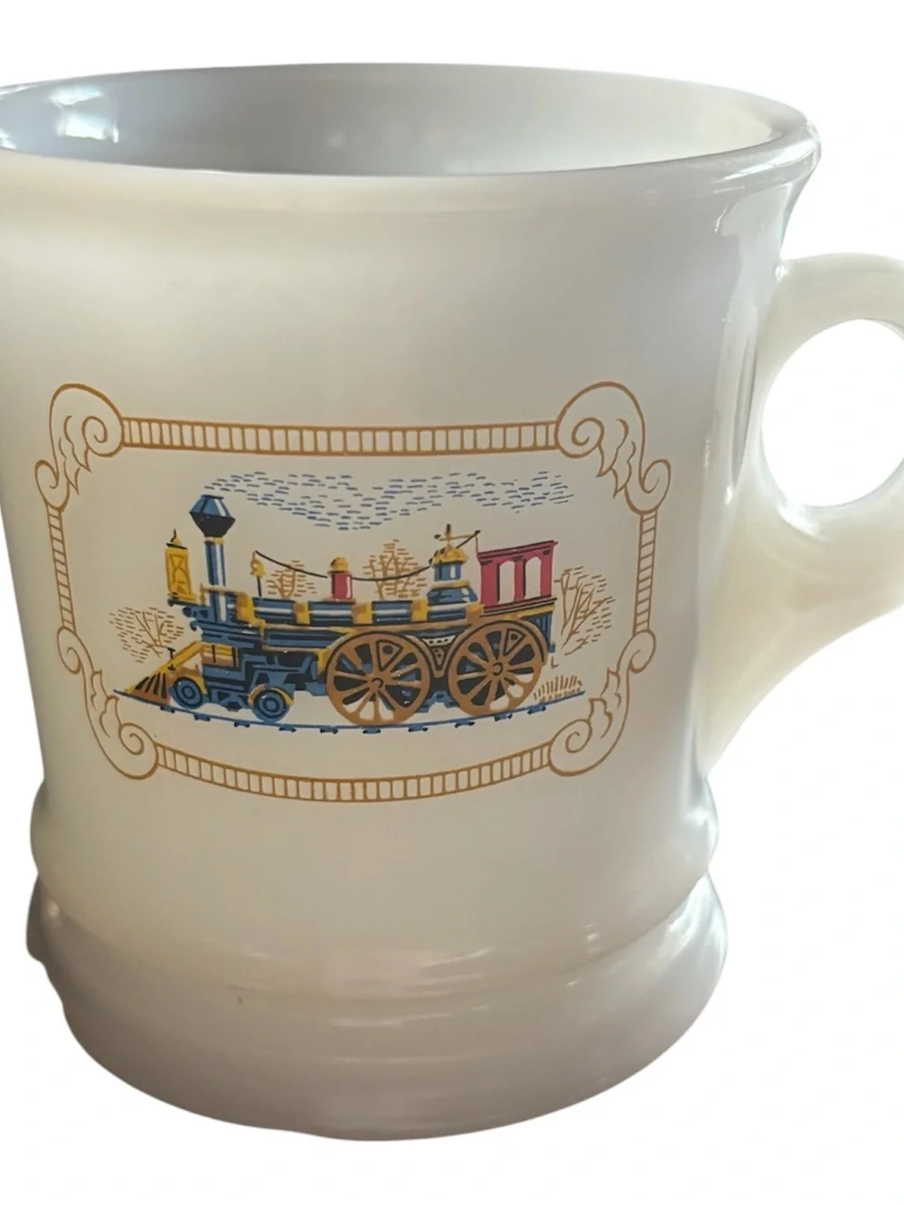 Avon White Ceramic Mug with Blue, Gold and Red Train Motif