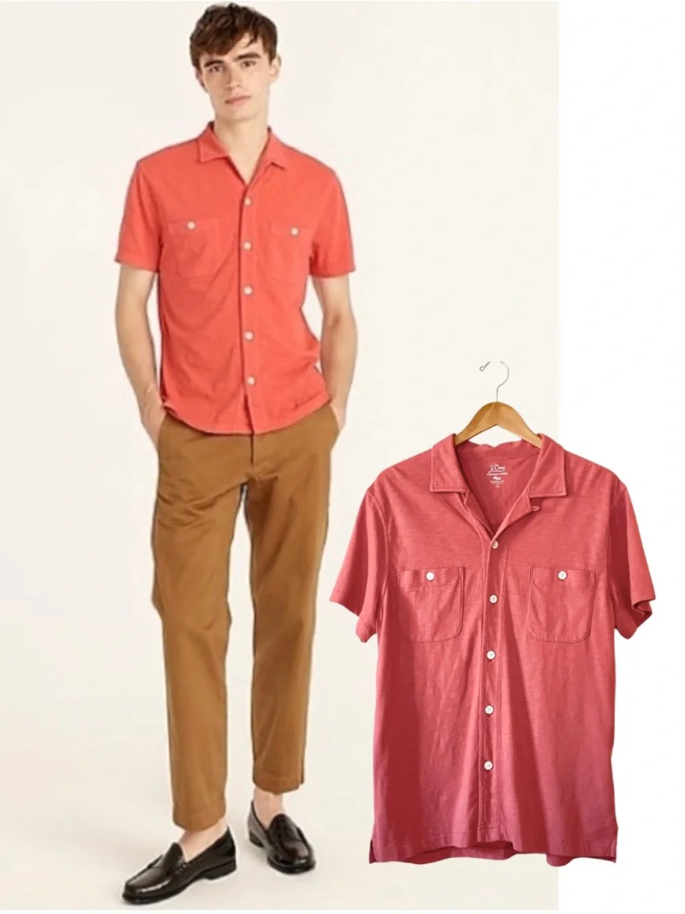 J. Crew Harbor Shirt 100% Cotton Garment Dyed Coral Salmon Camp Collar NWT L