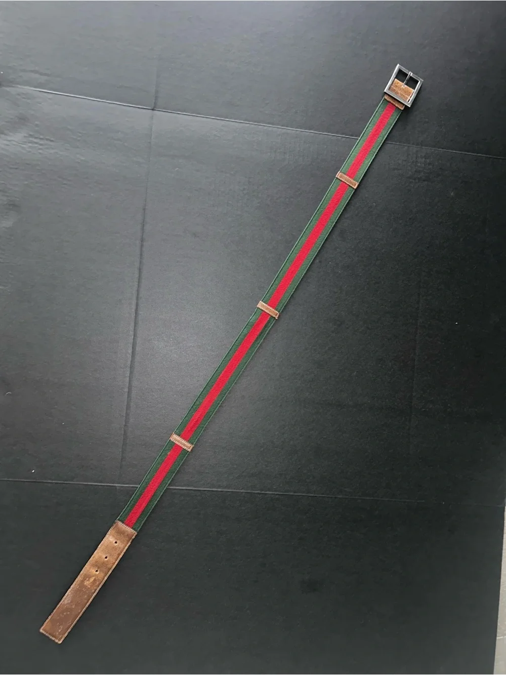Gucci Striped Green and Red Fabric Belt with Brown Leather Ends