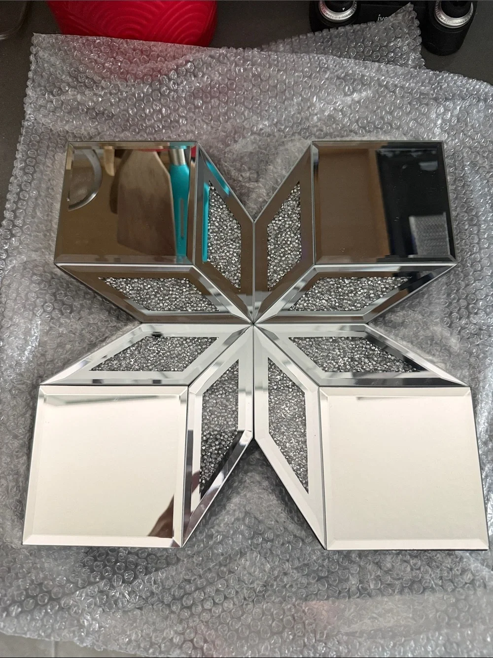 Mirrored Starburst Wall Decor with Crystal Accents - Silver set of 2. Brand new