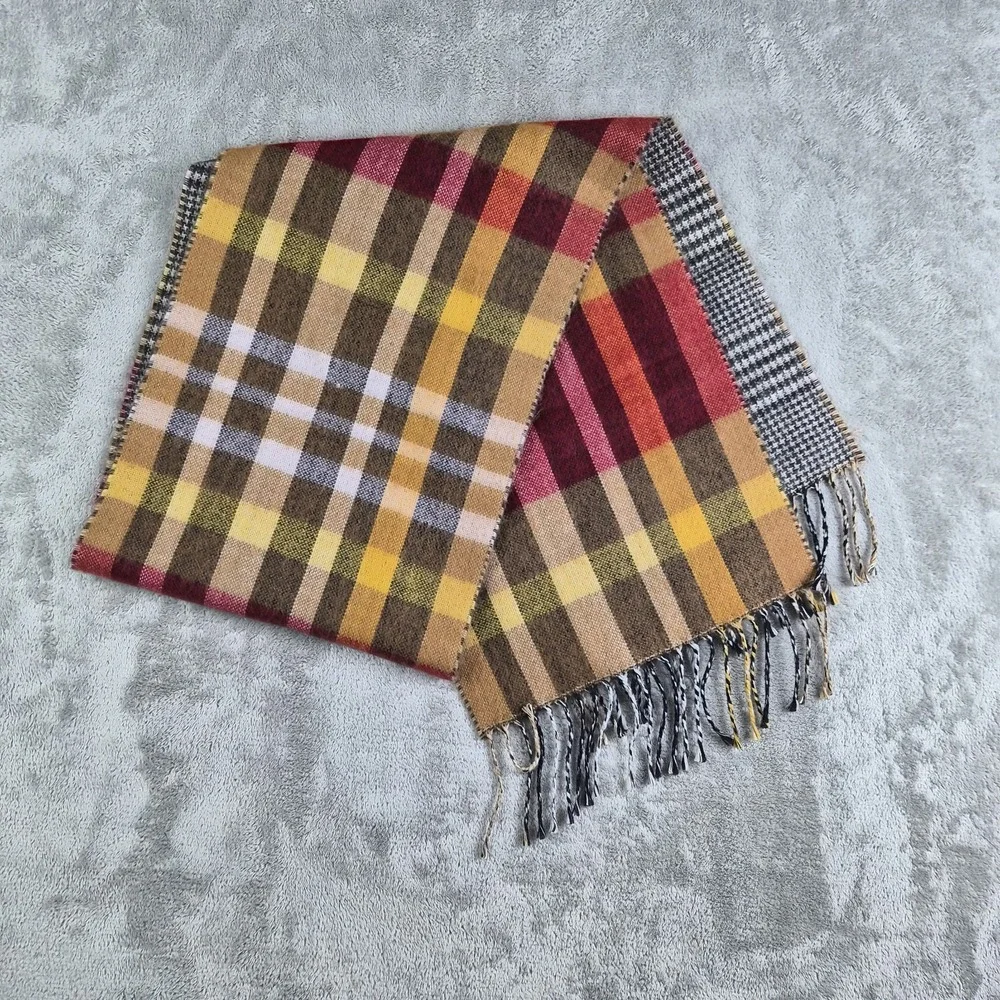 Cejon Scarf Brown Yellow Red Tartan Plaid Acrylic Fringed Warm Made in Italy