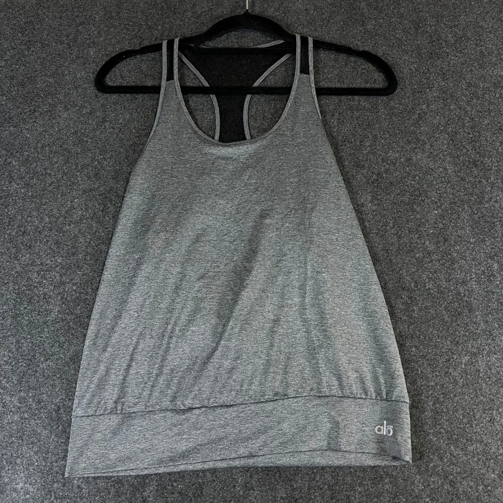 Alo Yoga Womens Gray Heathered Open Draped Mesh Back Racerback Tank Top