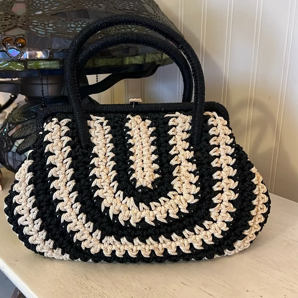 50's Vintage woven handbag satchel black cream 12.5” w x 7” t x 5” d