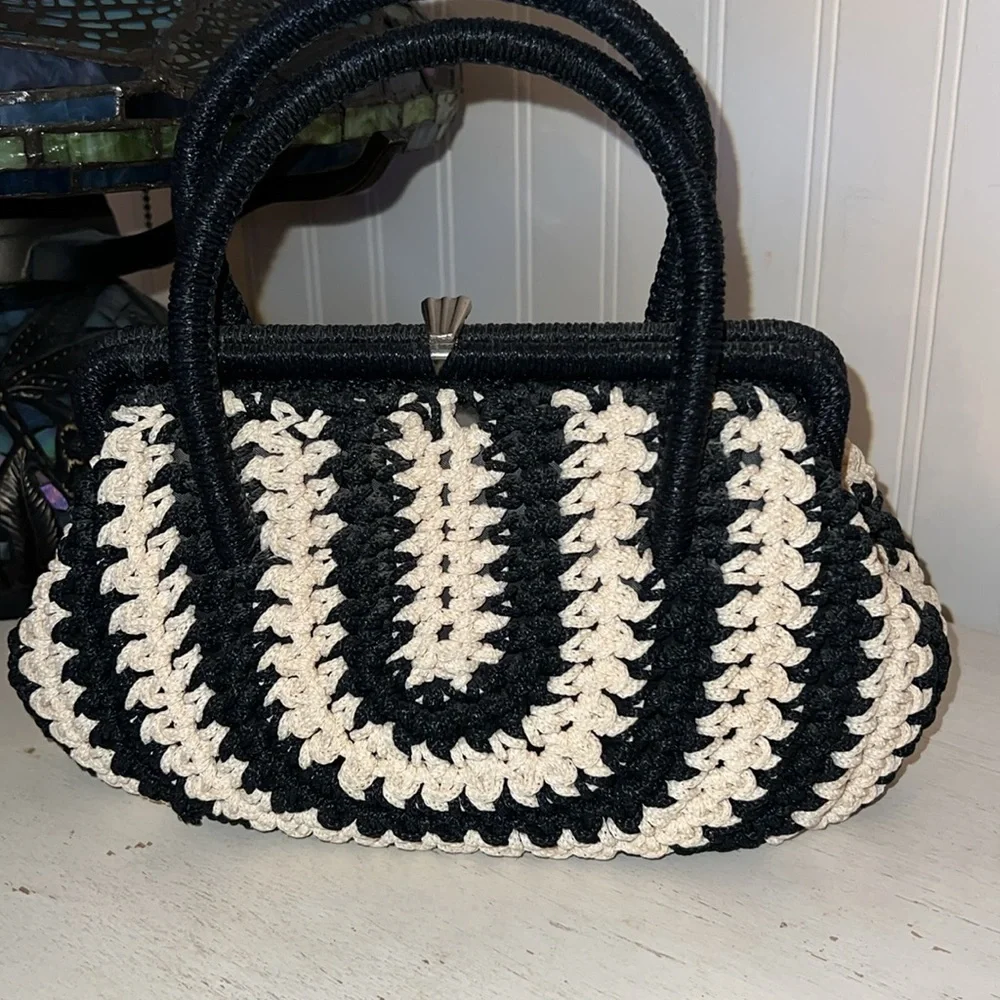 50's Vintage woven handbag satchel black cream 12.5” w x 7” t x 5” d