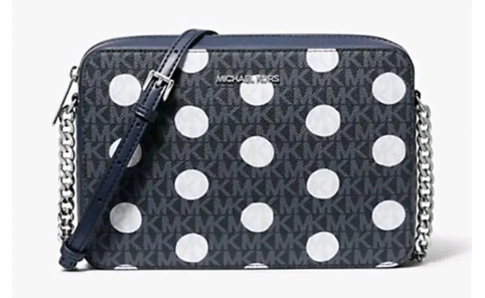 NWT~GIFT BOXED~MICHAEL KORS Large Jet Set Navy Polka Dot Sig Logo Crossbody Bag