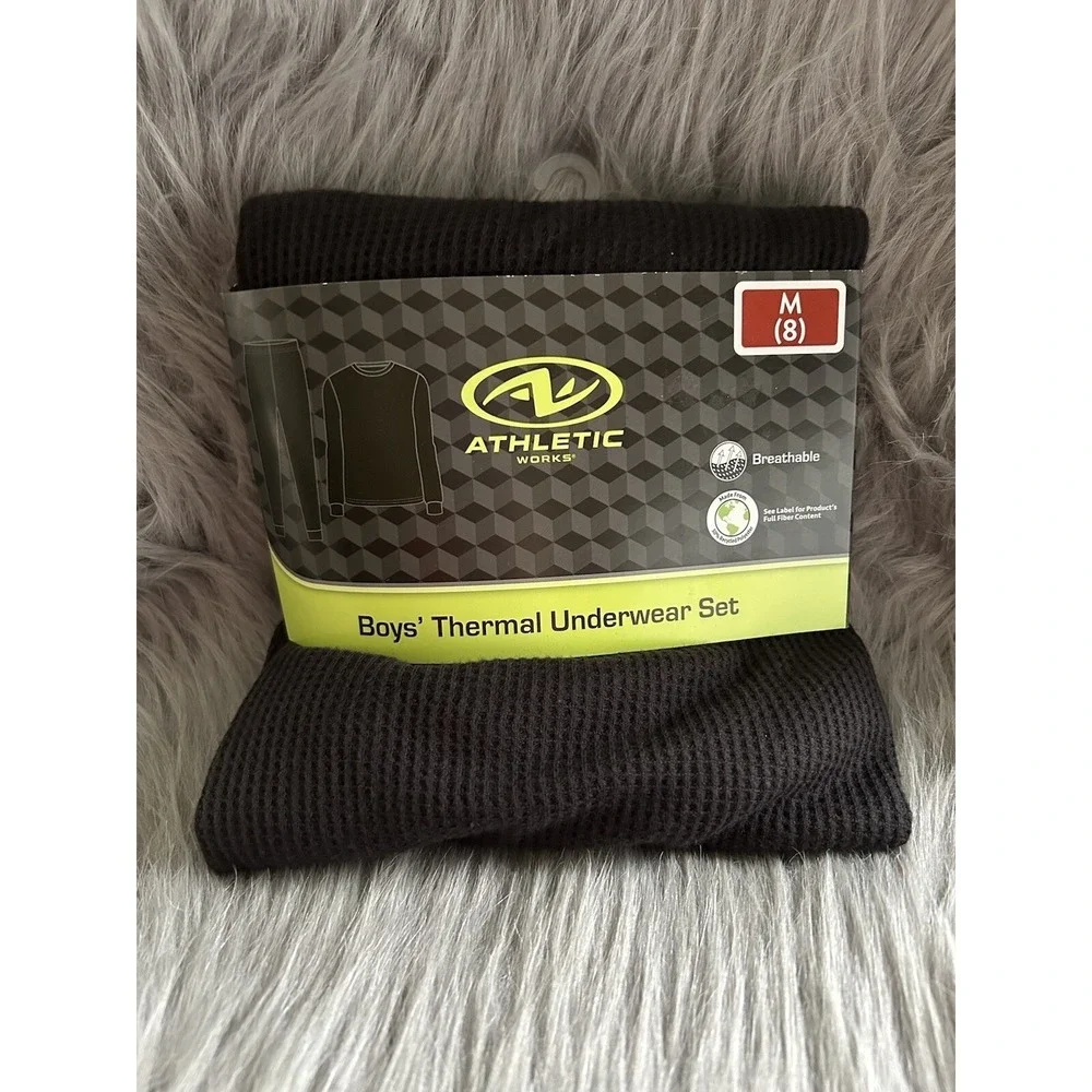 Athletic Works Thermal Underwear Set Boys Size‎ Medium Black Waffle Pajama Set