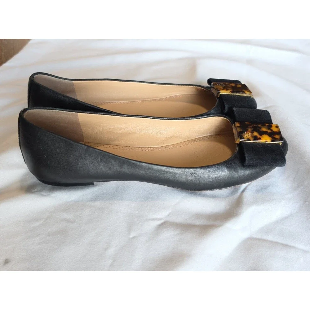 Tory Burch Black Leather Ballet Flats Suede Bow Tortoise Accent Women's 7.5M