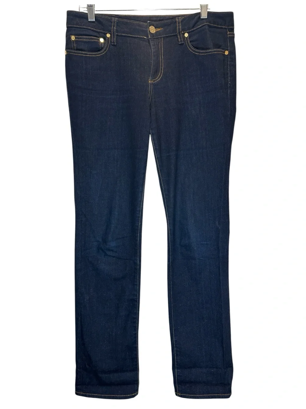 Tory Burch Straight Leg Jeans Dark Wash Denim w/ Leather Logo Patch - Size 30