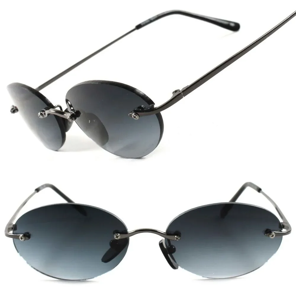 Rimless Classic Vintage Retro Old School Indie Mens Womens Round Oval Sunglasses