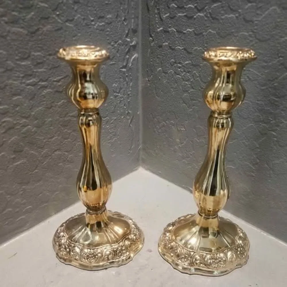 Pair of Ornate Gold Plate Candlesticks Towle