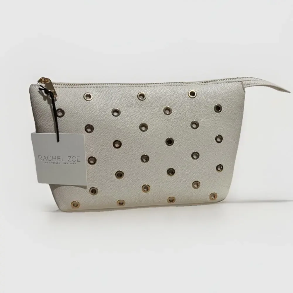 Rachel Zoe Cream Cosmetic Pouch With Gold Gommets Makeup Bag