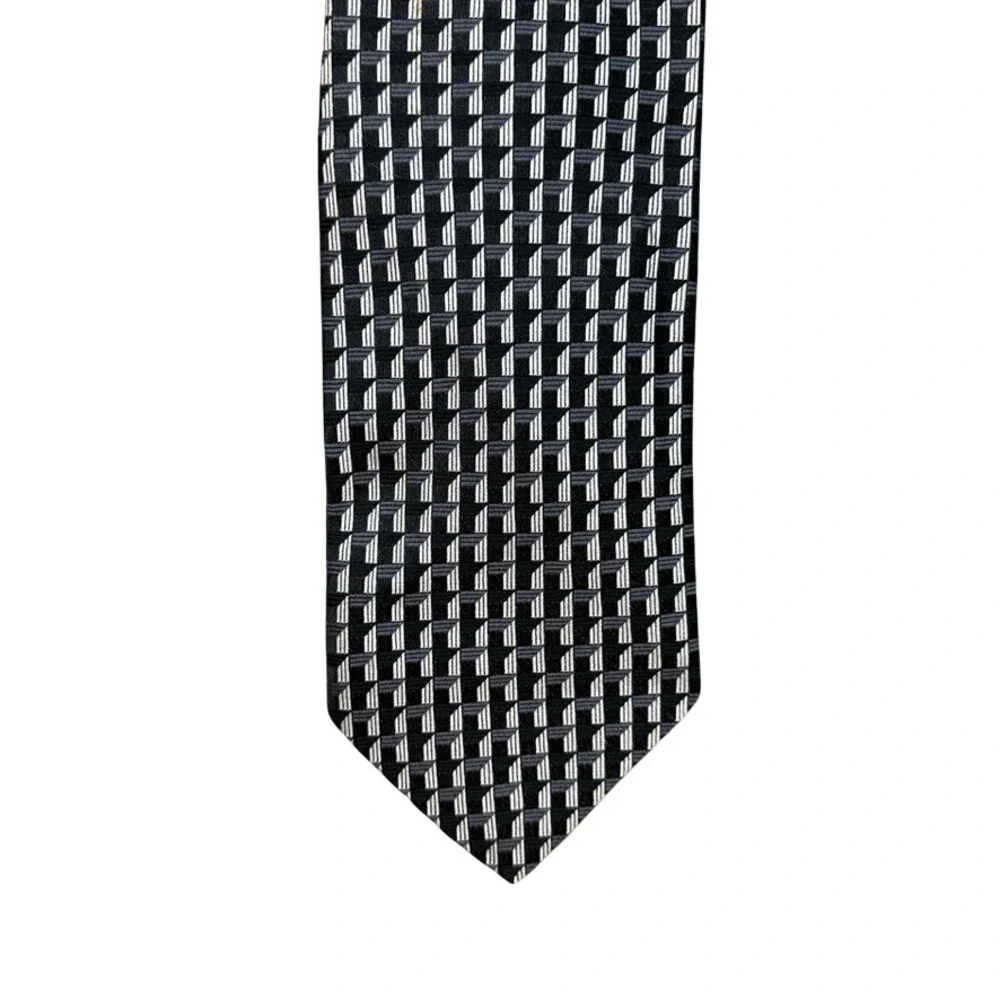 Bruno Piattelli Extra Long Silk Tie Black Grey Geometric 3D Pattern Made in USA