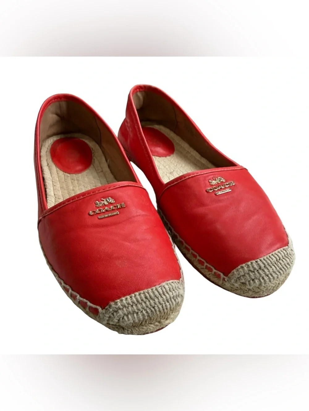 Coach Coral Red Leather Espadrille Flats Size 8.5 Slip On Logo EUC