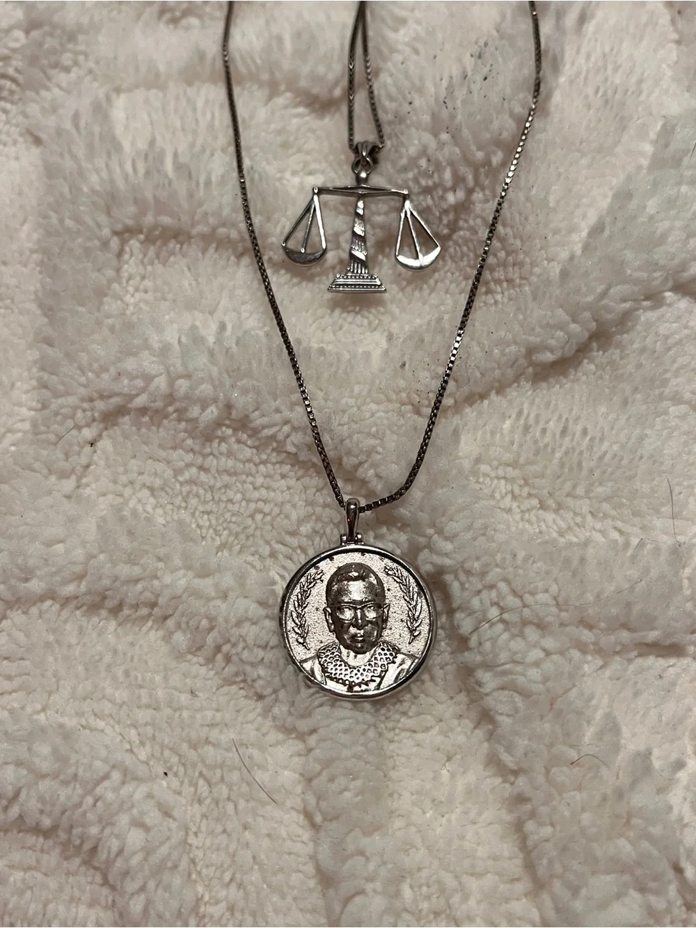 Sterling Silver Awe Inspired Ruth Bader Ginsburg pendant + Scales of Justice