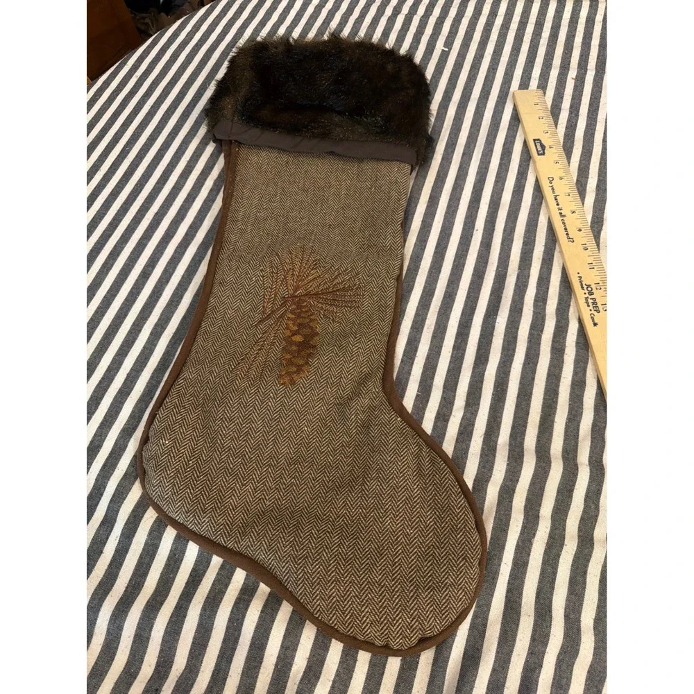Rustic Herringbone Christmas Stocking Faux Fur Cuff Pinecone Brown Lodge Decor