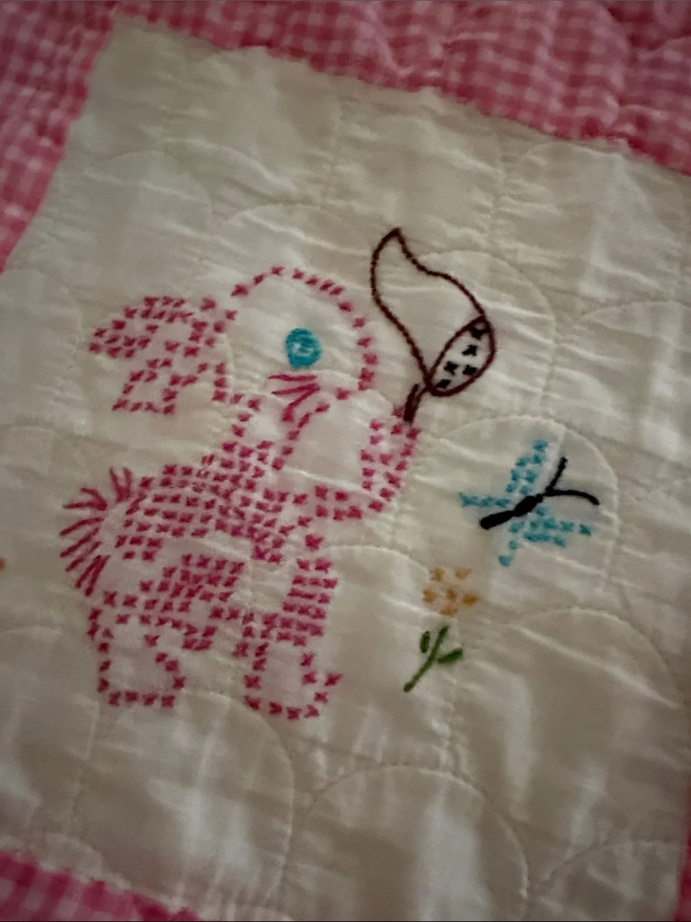 Embroidered  handmade baby quilt look care