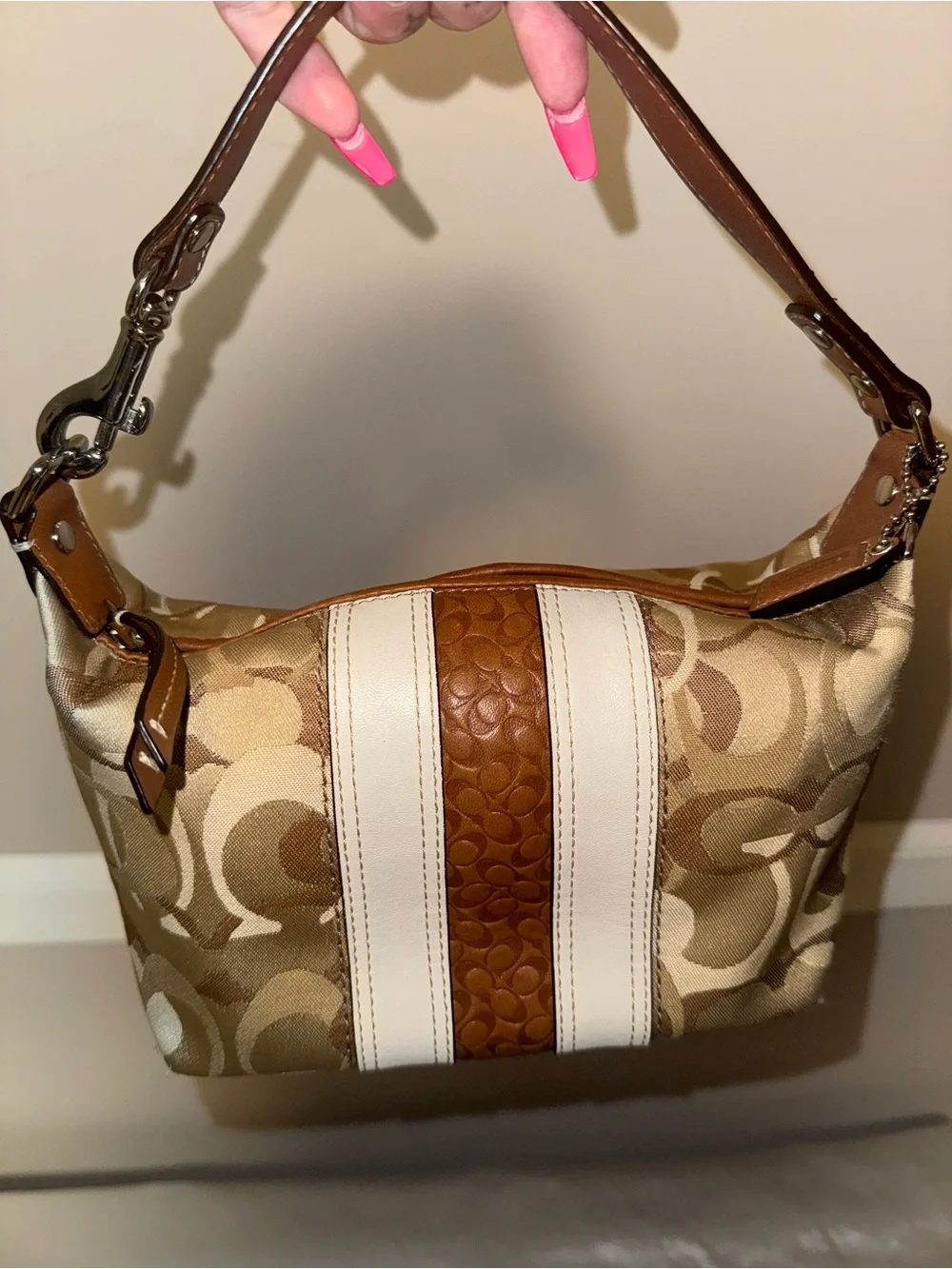 Coach Signature Canvas Hobo Bag in Tan and Cream