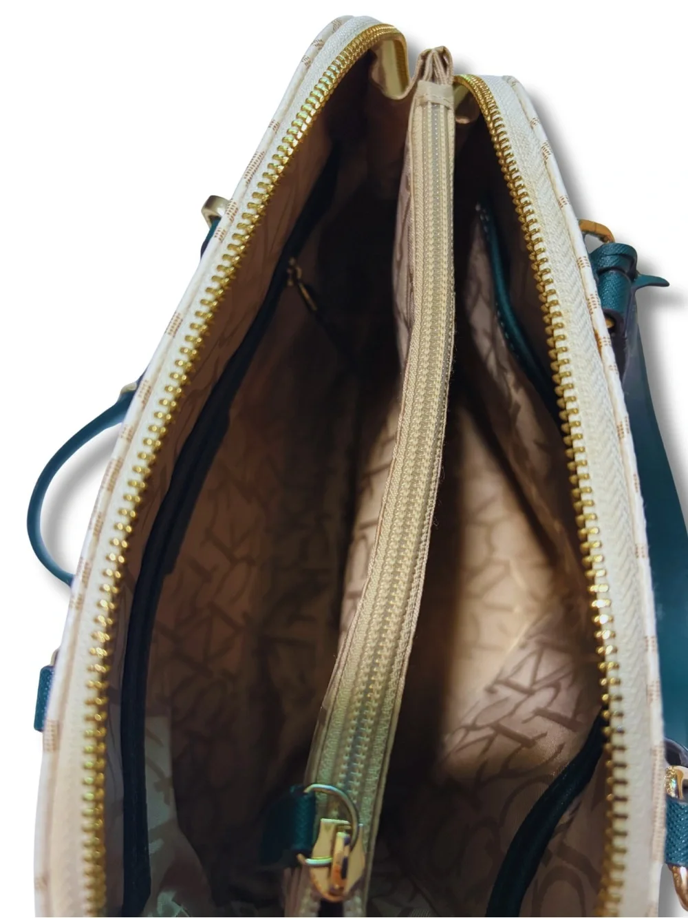 Calvin Klein Beige & Green Monogram Dome Shoulder Bag and Matching Card-Holder