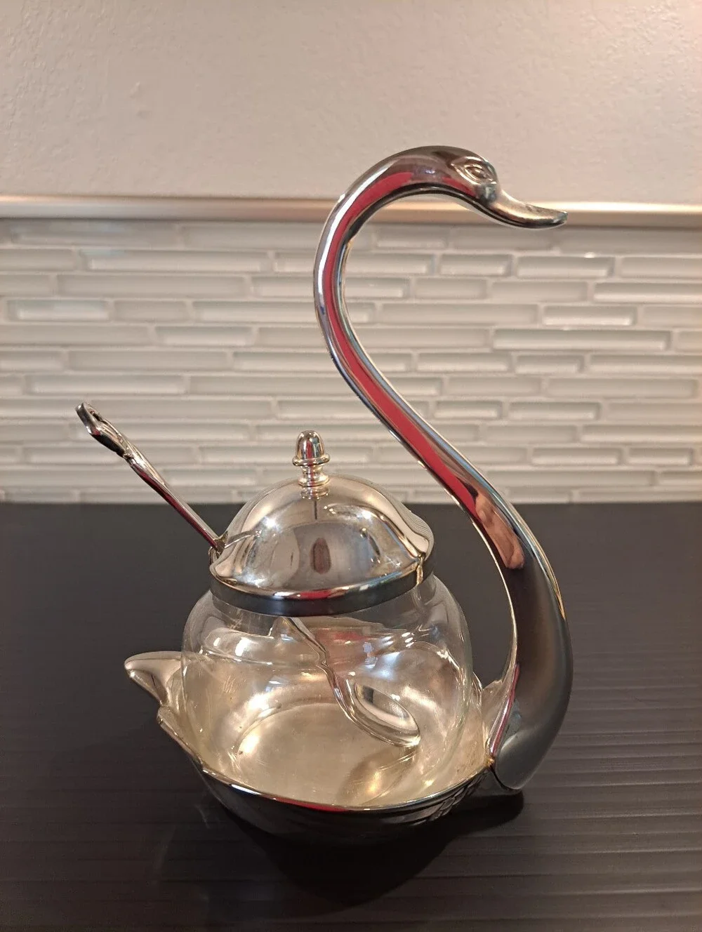 Vtg Elegance Silverware Jam Set Silver Plated Glass Swan W/ Cover And Spoon