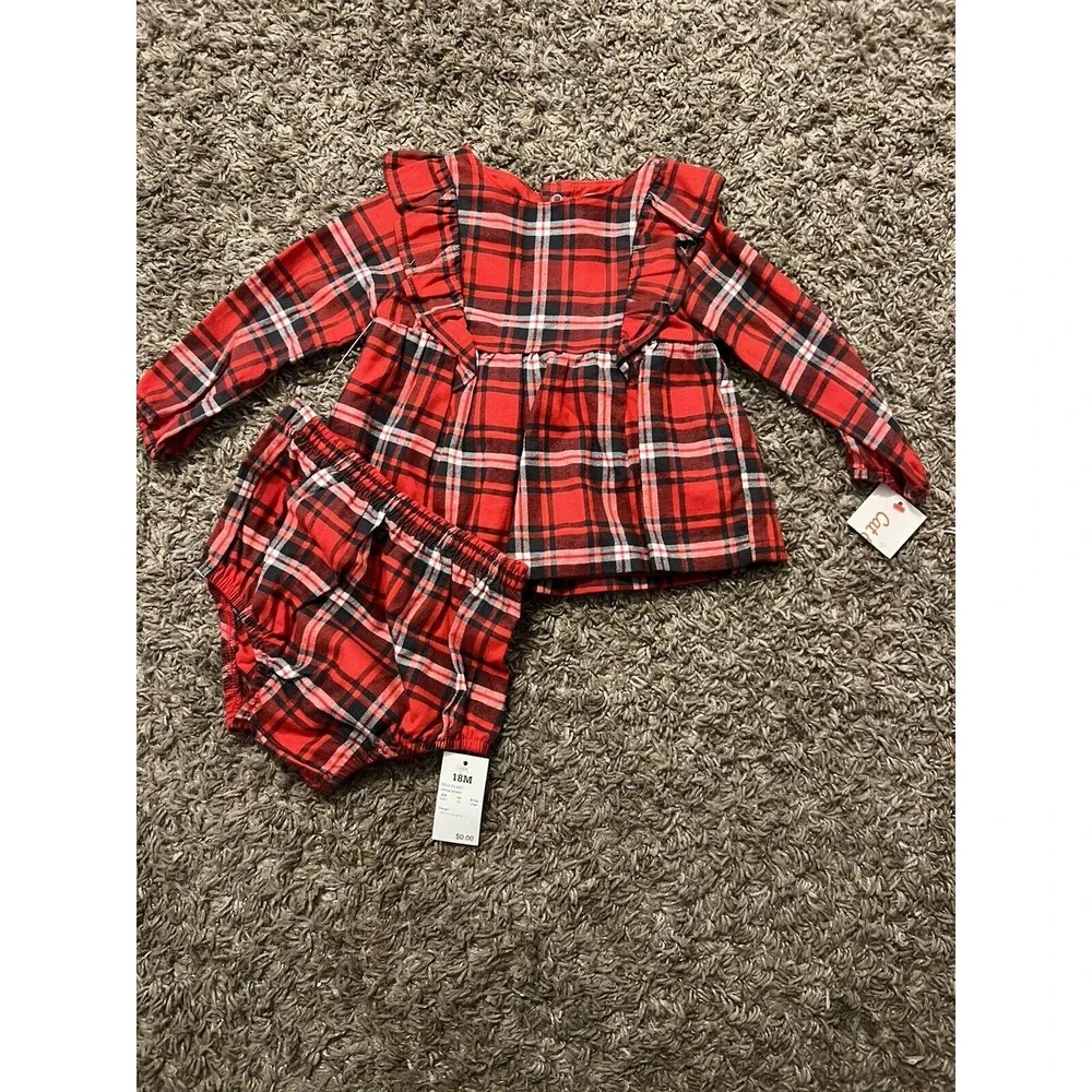 Baby Girl Cat and Jack 2 pc Red‎ Plaid Outfit Long Sleeve Ruffle Top Size 18 mos