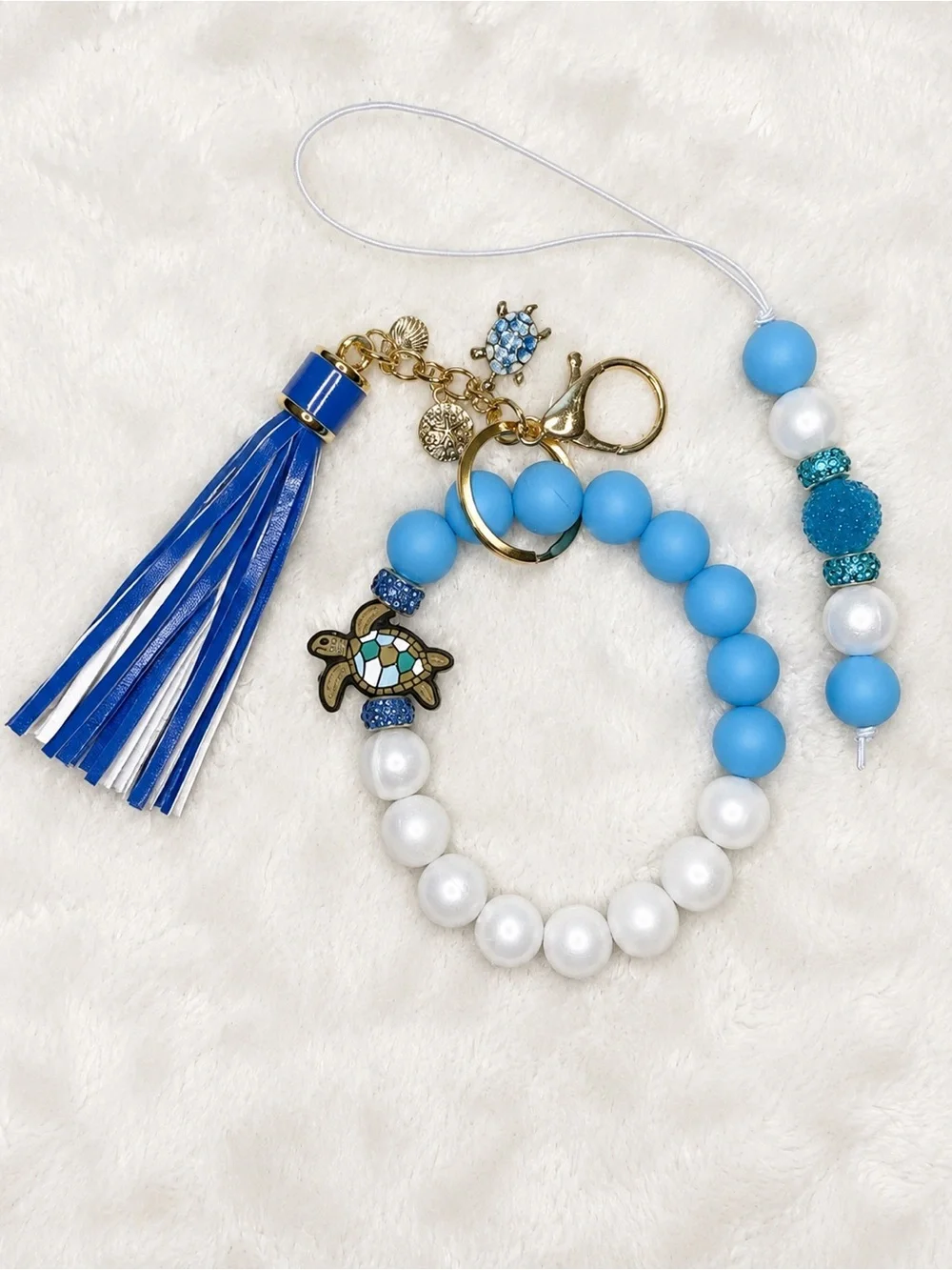 Blue & White Turtle Beaded Wristlet Keychain with Tassel w/ Matching Car Charm