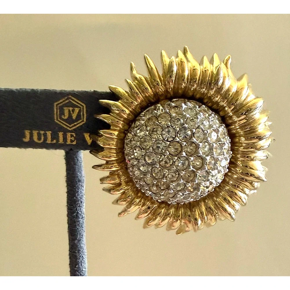 Vintage Signed Ledo Polcini Rhinestone Domed Mum Flower Gold Tone Brooch