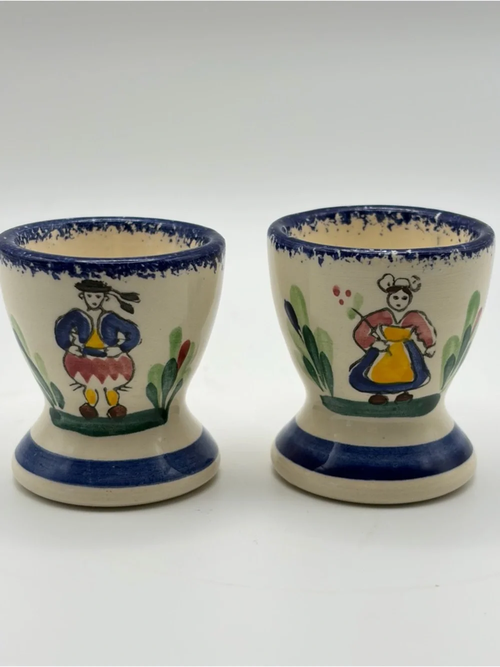 Vintage French Quimper Faience Egg Cups 2 Pc Hand Painted Folk Art Cottagecore