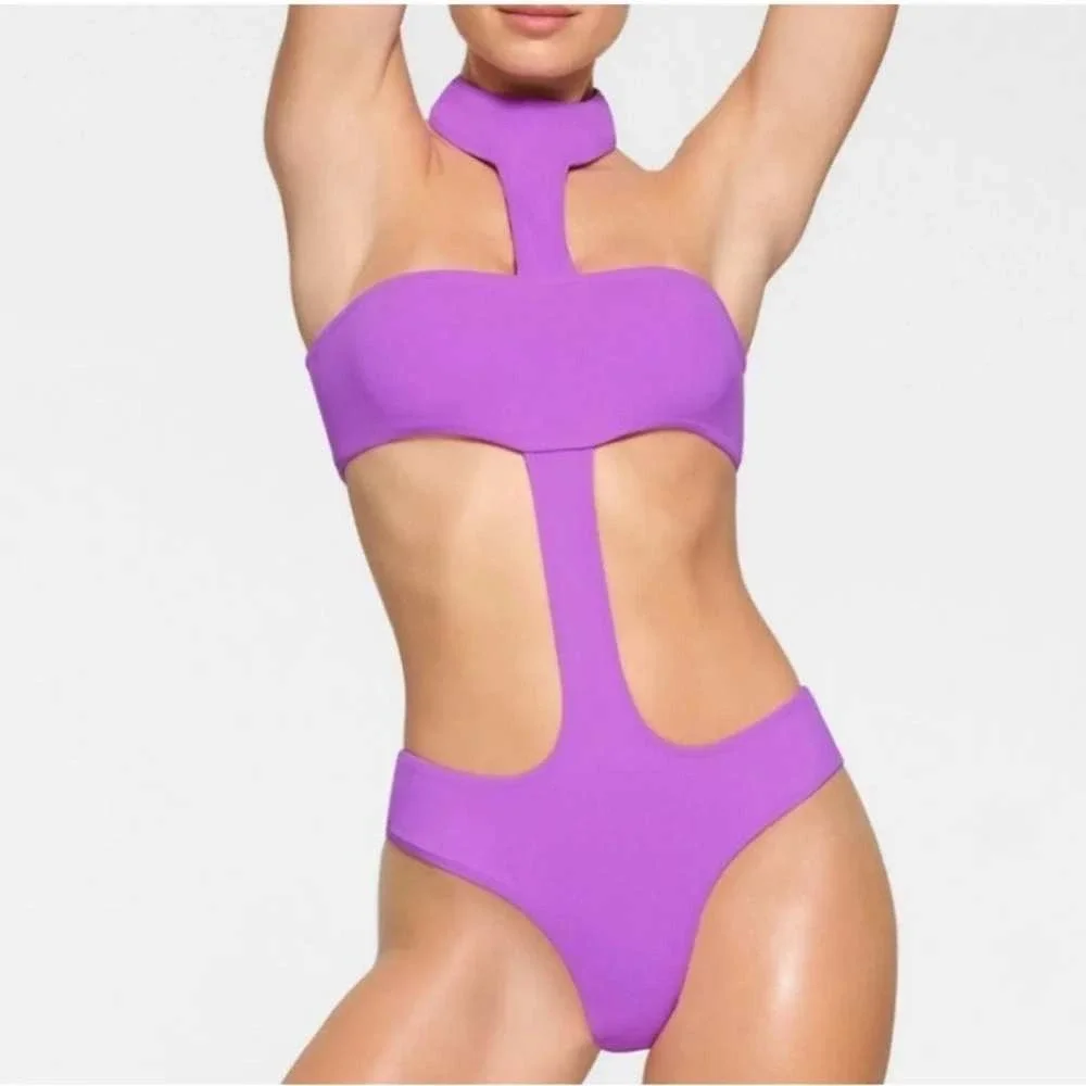 SKIMS XL Purple Monokini Swimsuit Cut-Out Halter Bandeau One piece