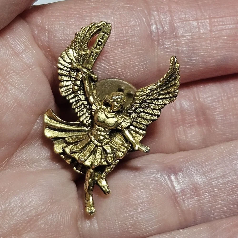 Trinity Broadcasting Network Warrior Angel Pin Brooch Gold Tone Aprox 1 inch
