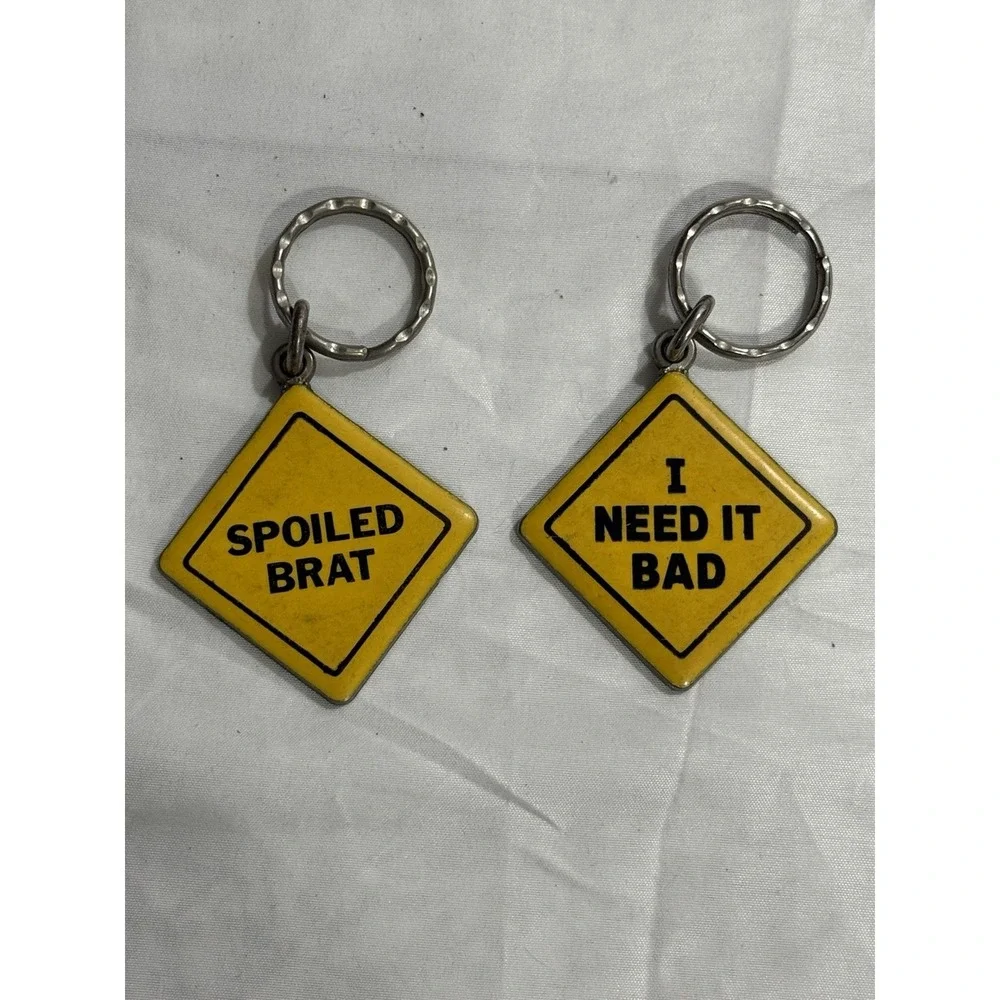 VINTAGE METAL KEY‎ CHAIN Lot Of 2  YELLOW ROAD SIGN CAUTION
