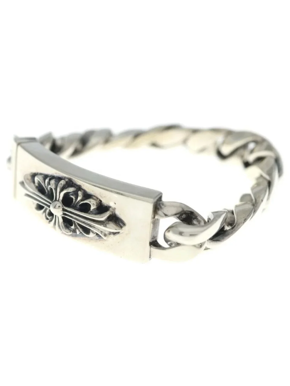 Chrome Hearts ID Floral Crs Cross ID Classic Link Bracelet Silver