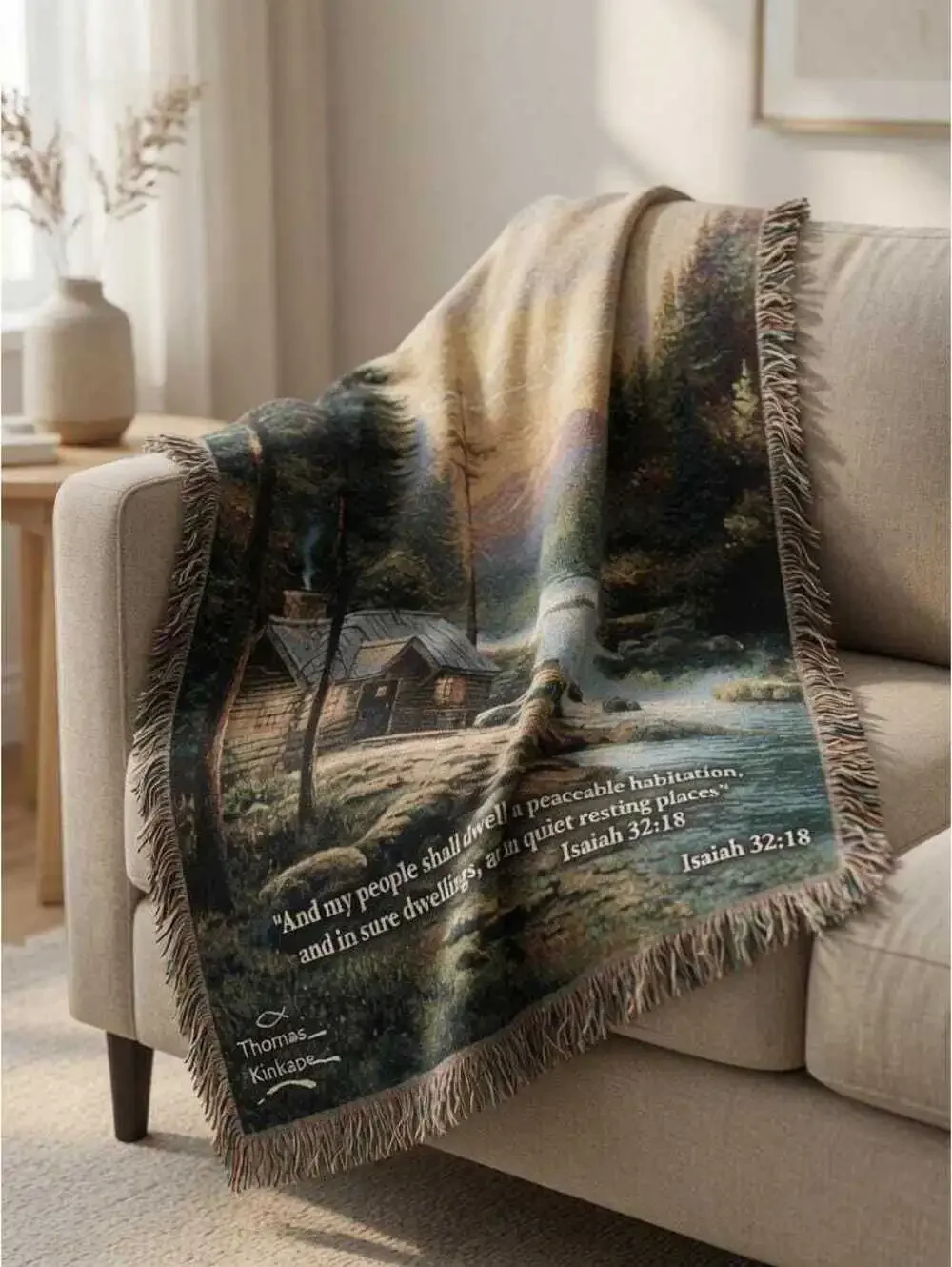 Thomas Kinkade Evening Forest Cabin Tapestry Throw Blanket Isaiah 32:18