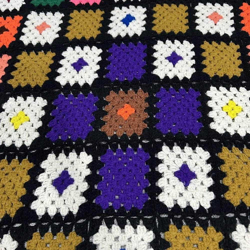 Granny Squares‎ Afghan Black Colorful Handmade Crochet Throw Blanket 68x54
