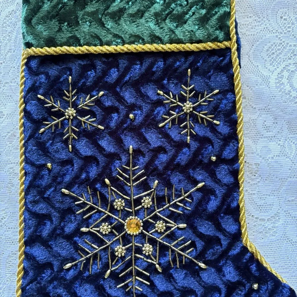 Set of 3 Velvet Christmas Stockings Beaded Snowflake Jewel Holiday‎ Decor