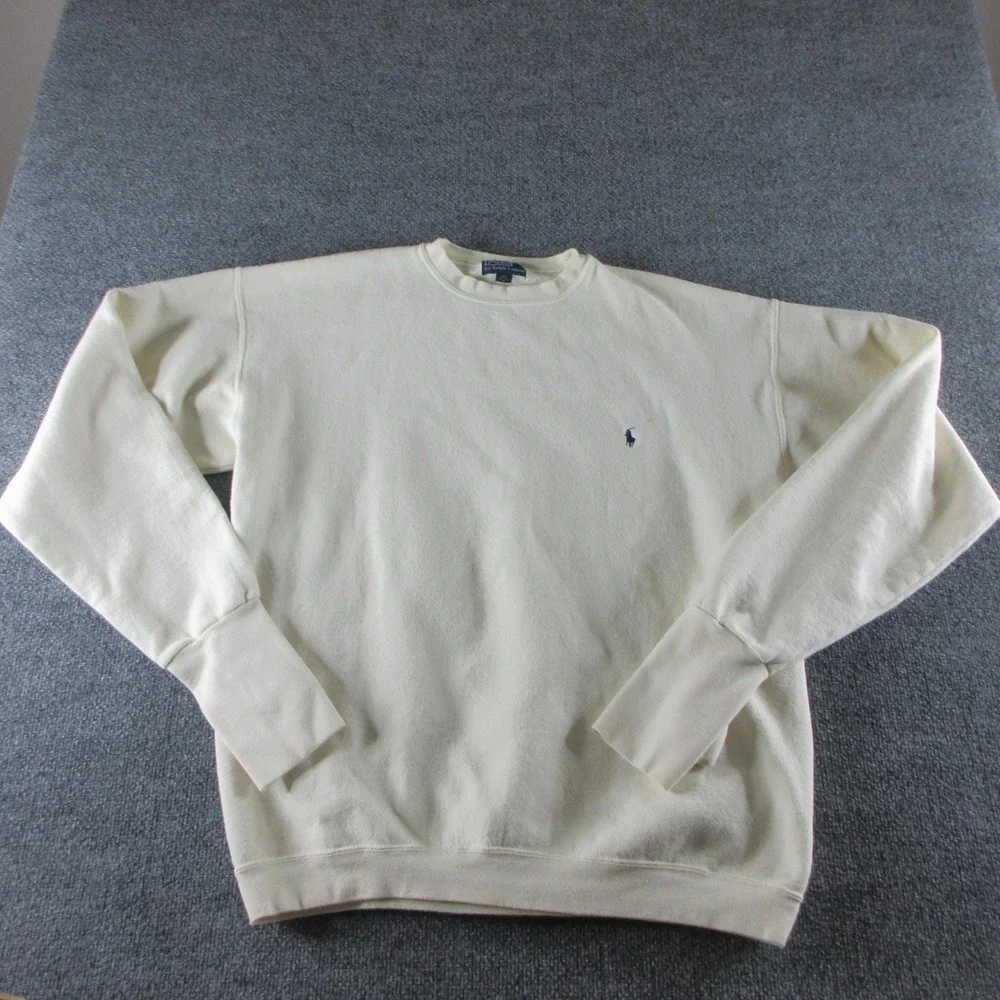 VINTAGE Polo Ralph Lauren Sweatshirt Mens XL White Fleece Crew Neck Pullover 90s