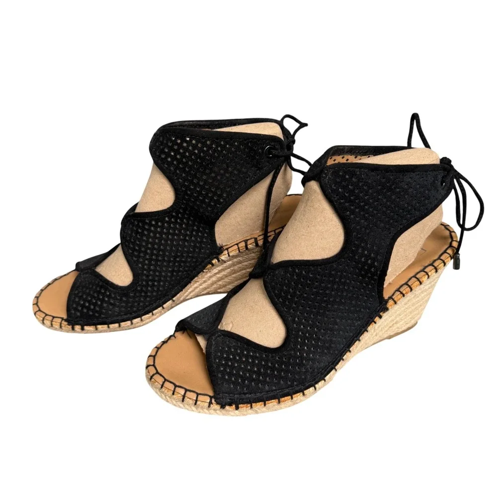 Franco Sarto Nash Black Perforated Leather Espadrille Wedge Sandals Womens‎ 8.5M