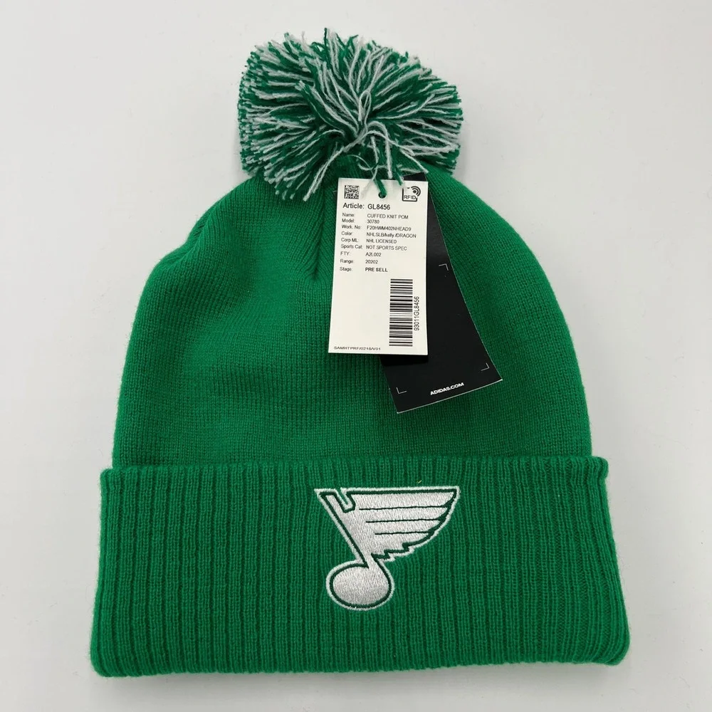St. Louis Blues Beanie Hat Pom Knit Adidas NHL‎ Green St Patrick Cap