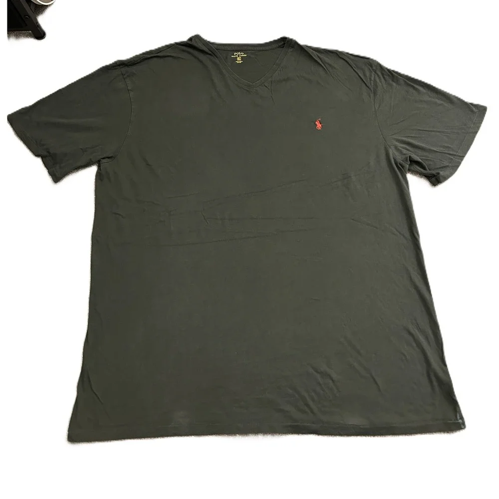 Polo Ralph Lauren V-Neck T-Shirt Mens 2XLT Olive Green Excellent Red Pony Logo