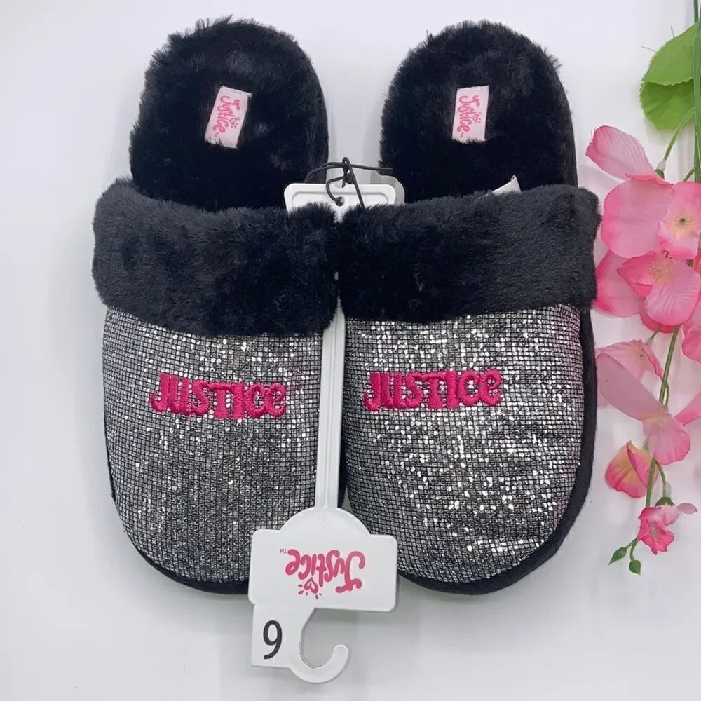 Justice Girls Graphic Slip On Sparkling Scuff Slippers Shoes Size 6