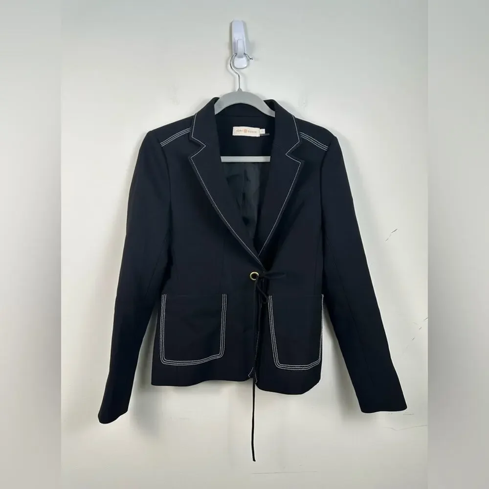 Tory Burch‎ Black Contrast White Stitch Blazer Tie Front Grommet Size 2