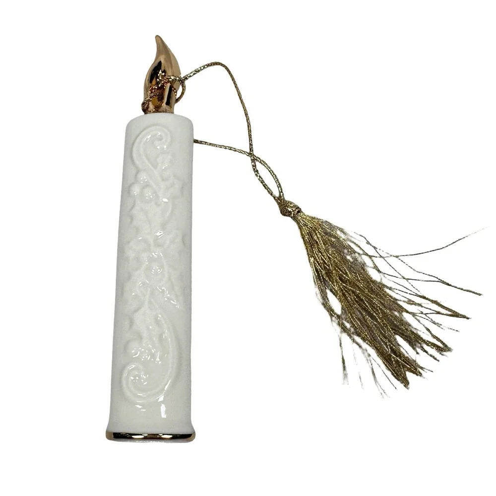 Lenox Ivory China Candle Christmas Ornament Gold Trim Tassel Embossed Scroll Box