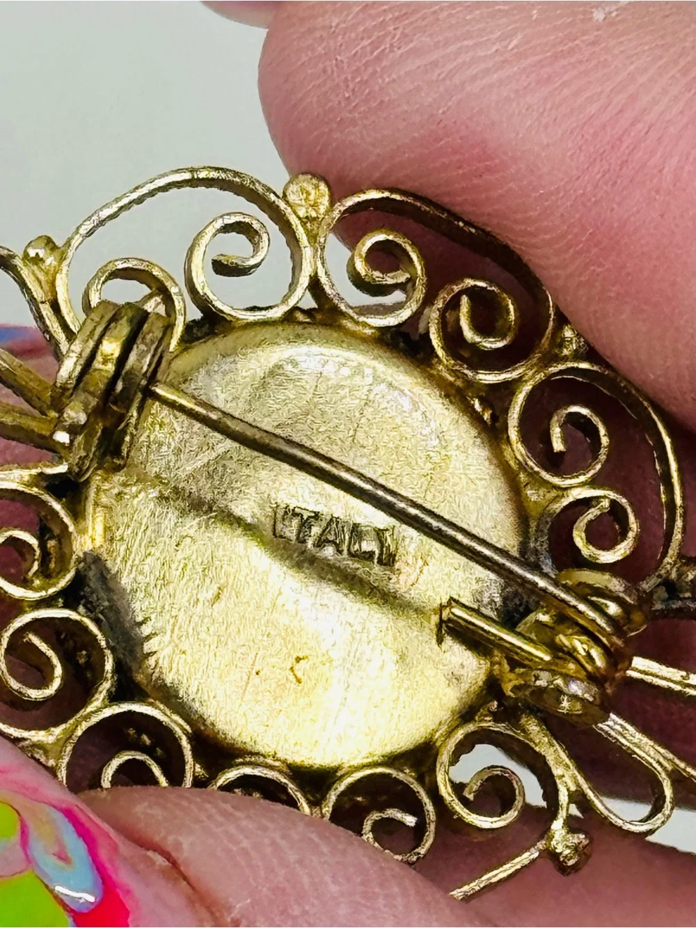 Vintage Floral Micro Mosaic Brooch with Antiqued Gold Tone Filagree Frame Italy