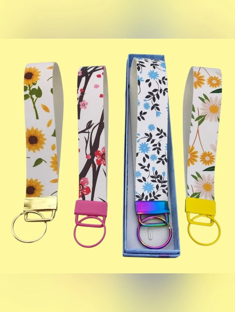 Friendly Floral Wristlet Keychain Fob Set | Gift Box Included- Vegan Leather