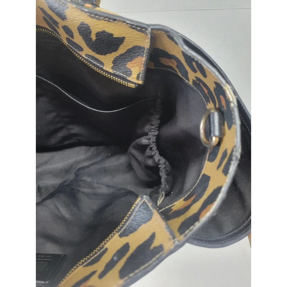 Coach Leopard Print Tote Bag Black Leather Straps purse‎