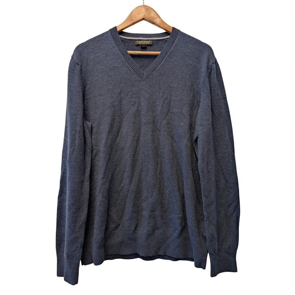 Banana Republic Mens XL‎ Blue Extra Fine Merino Wool V-Neck Sweater Heathered