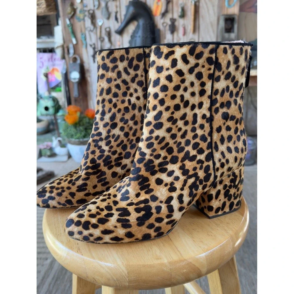 J.Crew Leopard‎ Calf Hair Ankle Boots Block Heel Booties 7.5sz