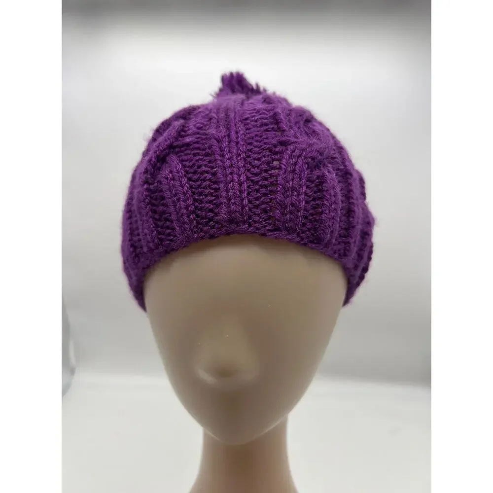 Cable Knit Woven Chunky Purple Beanie Knit Pom Pom‎ Winter Hat Boho Outdoors XS