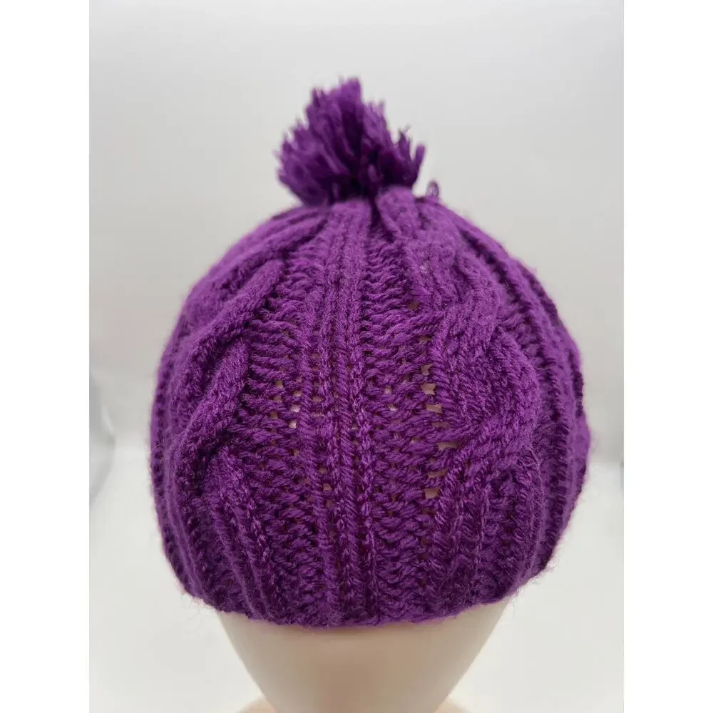 Cable Knit Woven Chunky Purple Beanie Knit Pom Pom‎ Winter Hat Boho Outdoors XS